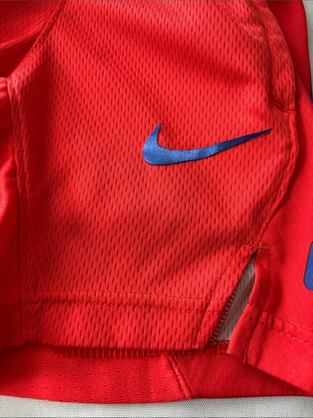 Nike Red Kids Athletic Shorts with Blue Logo and Side Panels size XS